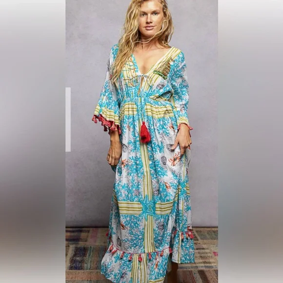 POL / Gorgeous.. Brand New Boho Aqua Print Maxi Dress with Red Tassels - Picture 2 of 6